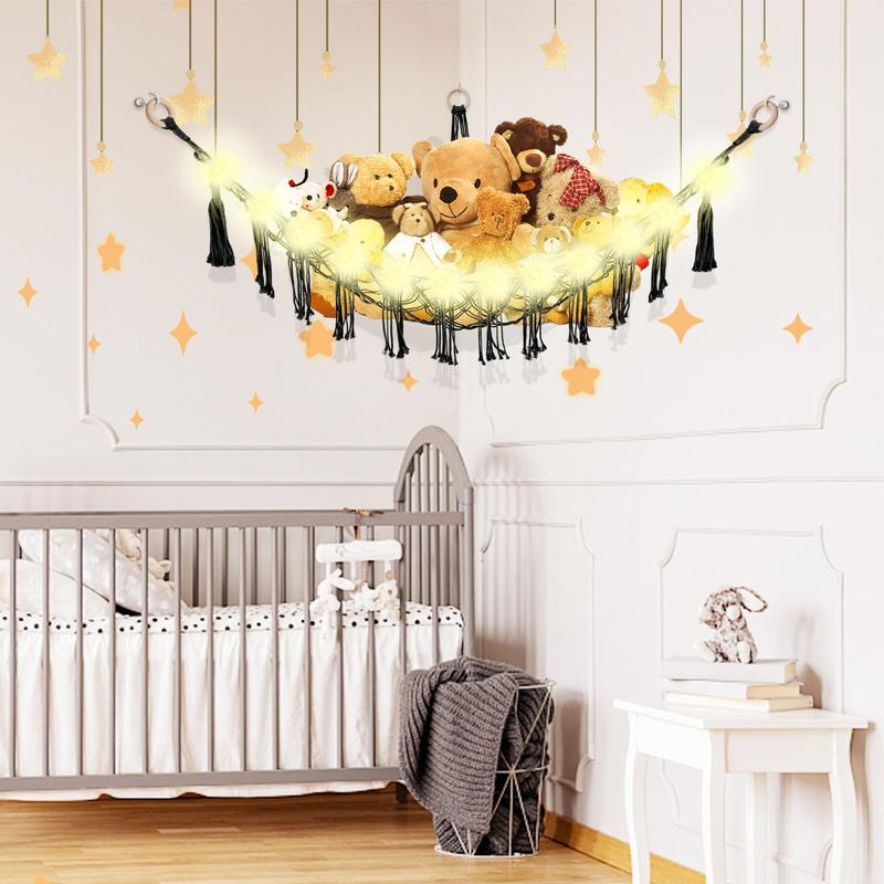 Stuffed Animal Hammock with LED Light, Toy Hammock for Stuffed Animals Storage for Room Decor, Stuffed Animal Hammock Corner Cotton Decoration