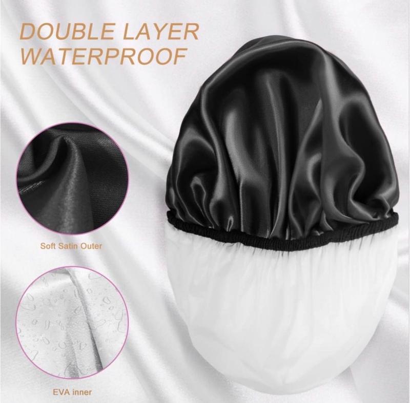 Shower Cap, Extra Large Shower Cap for Men, Satin EVA Double Layer Waterproof Reusable Hair Cap for Women Long Hair(All Black 4 Pack)