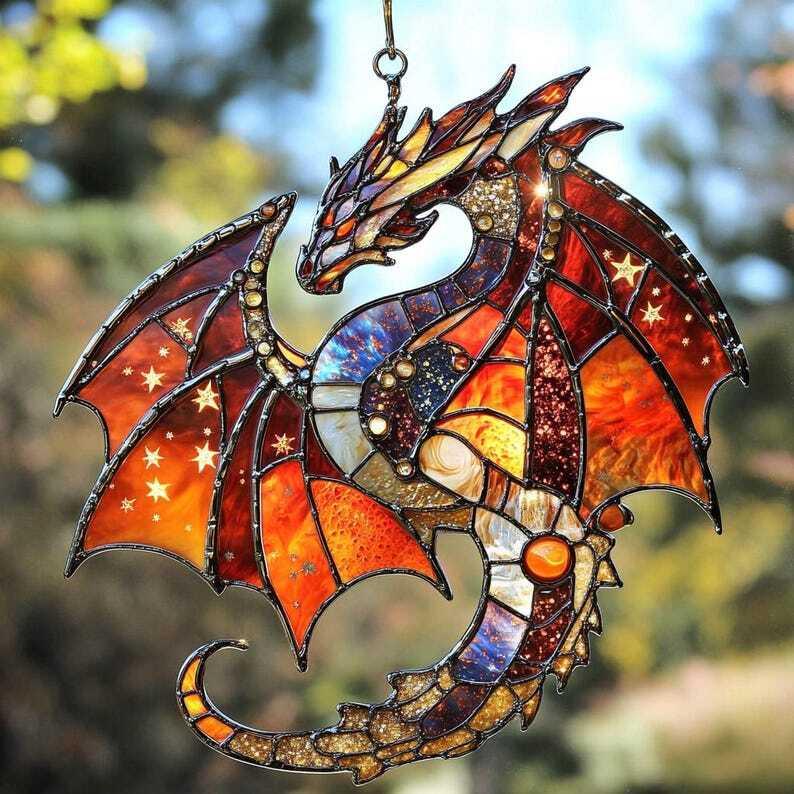 Red Dragon Acrylic Window Hanging, Fantasy Art Wall Decor, Halloween Gift for Kids, Animal Ornament for Home and Living Room Decoration