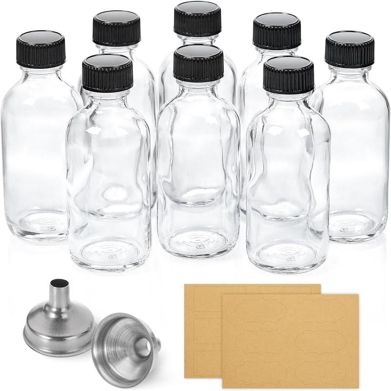 8 Pack, 2 oz Small Clear Glass Bottles with Lids & 2 Stainless Steel Funnels - 60ml Boston Sample Bottles for Potion, Juice, Wellness, Ginger Shots, Whiskey, Liquids - Mini Travel Essential Bottles