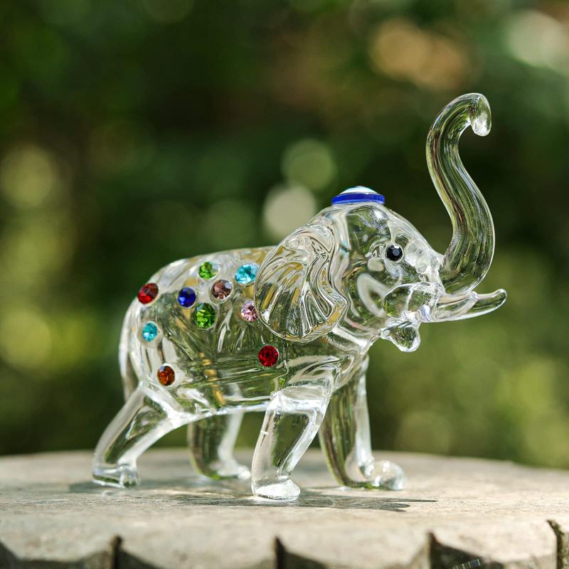 Crystal Elephant Statu Glass Elephant Figurines with Trunk Up Art Glass Animal Sculpture Collectible Figurines Lucky Feng Shui Home Decor Ornaments