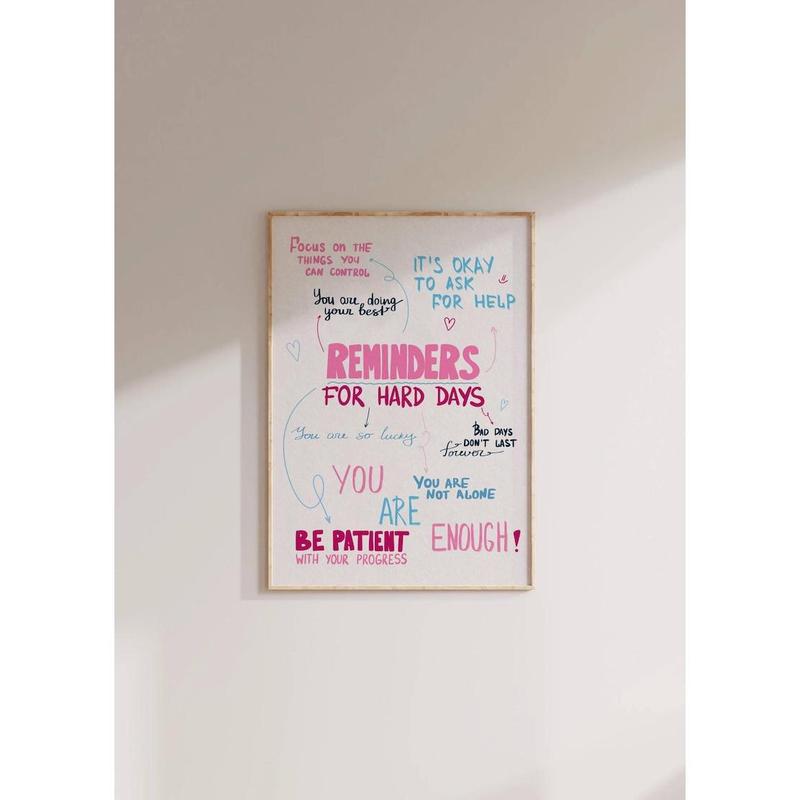 Reminders for Hard Days Wall Art, Positive Preppy Blue Pink Quote Print, Trendy Dorm Room Decor for Bedroom