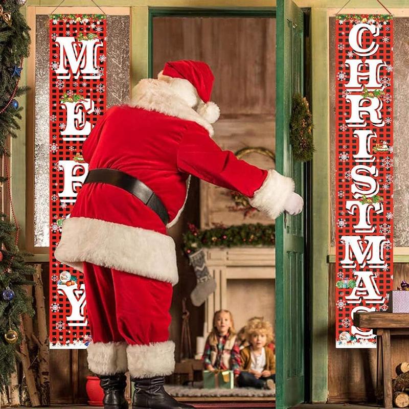 Merry Christmas Hanging Banner Porch Sign with Pattern Christmas Tree Presents Snow Banner for Home Yard Indoor Outdoor Wall Door Christmas Party Decorations 72