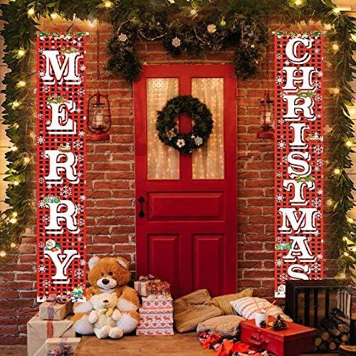 Merry Christmas Hanging Banner Porch Sign with Pattern Christmas Tree Presents Snow Banner for Home Yard Indoor Outdoor Wall Door Christmas Party Decorations 72