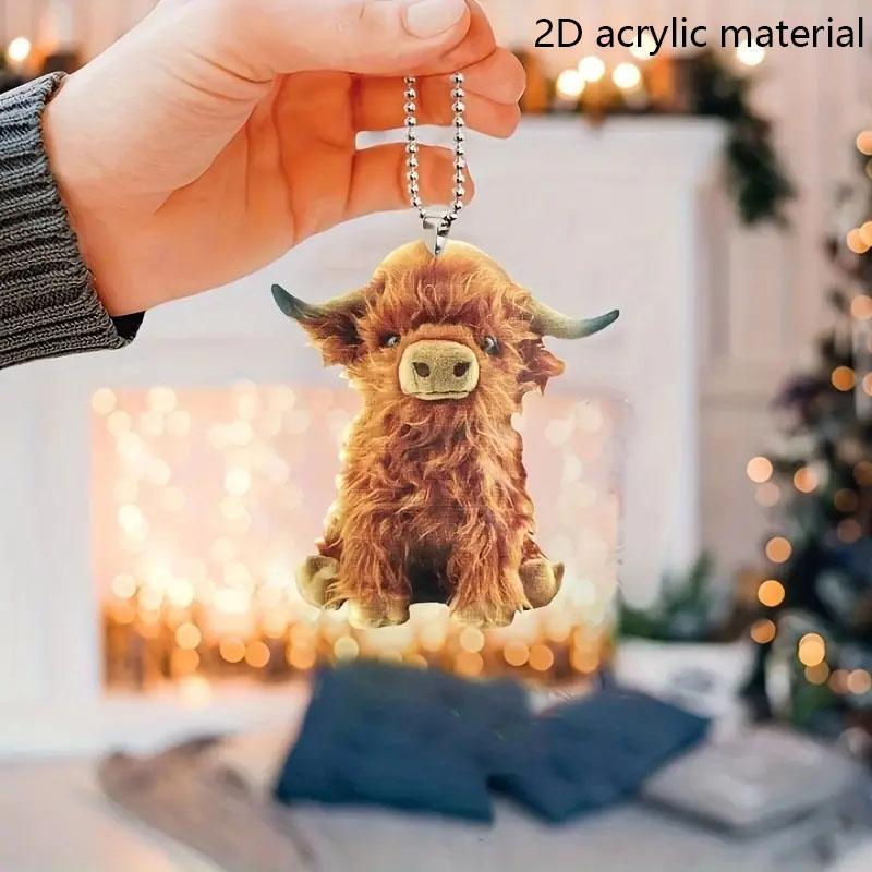 Hanging Ornaments, 1 Count 2D Planar Acrylic Mini Highland Cow Design Decoration, Hangable Cute Ornament, Home Decorative Pendant, Festivals and Decorations Supplies