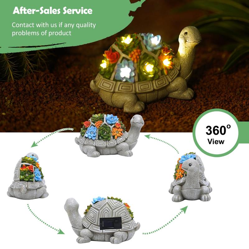 Solar Garden Outdoor Statues Turtle with Succulent and 7 LED Lights - Lawn Decor Tortoise Statue for Patio, Balcony, Yard Ornament - Unique Housewarming Gifts