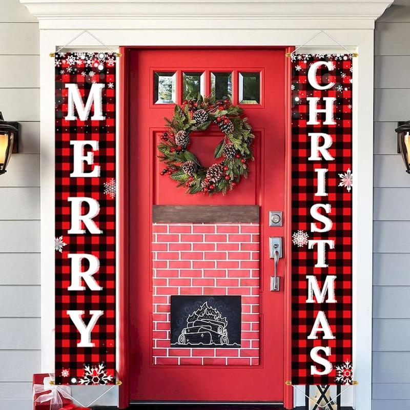 Merry Christmas Door Banner, 1 Pair Christmas Themed Plaid Door Banner, Outdoor Hanging Decoration for Home Garden Yard Garage