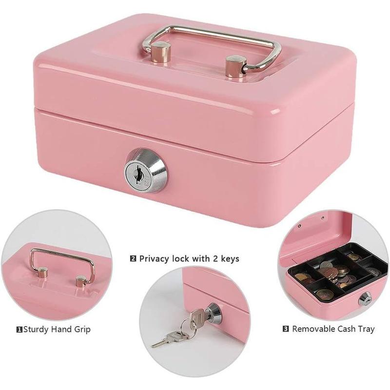 Adorable Pink Locking Steel Mini Cash Box - with Removable Coin Tray and Key Lock, Measuring 4.92