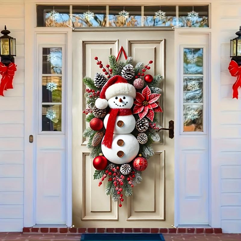 1pc Snowman Wreath Door Curtain, Polyester Holiday Christmas Wall Decor, Indoor Outdoor Use, 35.5x70.4 Inch, No Power Required, Holiday Home and Kitchen Party Supplies, Christmas Novelty Gift