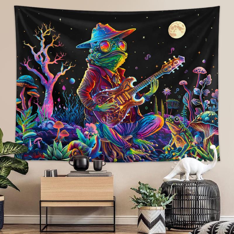 Frog Musician Pattern Tapestry, 1 Count Fluorescent Frog Hanging Tapestry, UV Light Responsive Tapestry, Wall Hanging Decor for Home Bedroom Living Room