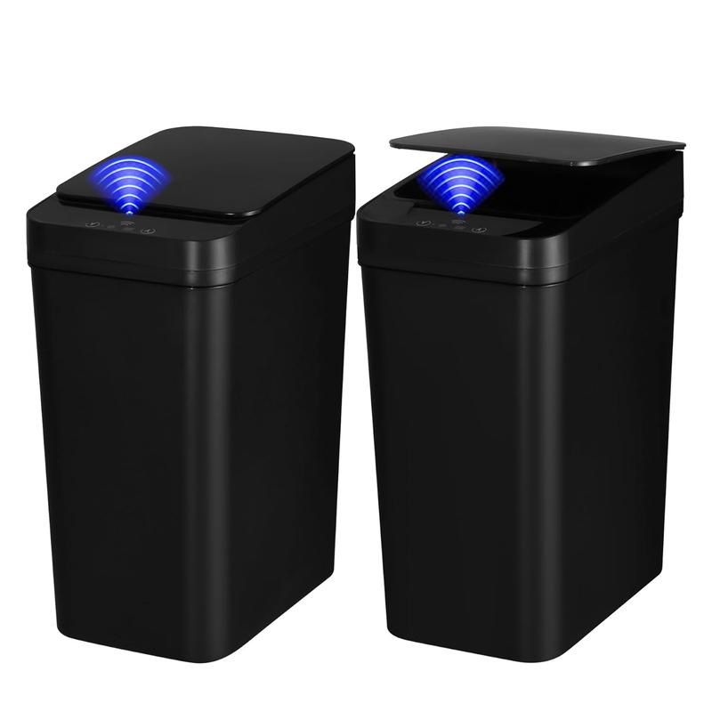 2 Pack Bathroom Trash can, Touchless Trash Can,Automatic Motion Sensor Trash Bin with Lid,2.4 Gallon Garbage Can, Kitchen, Bathroom, Office, Bedroom Trash can (Black+Black)