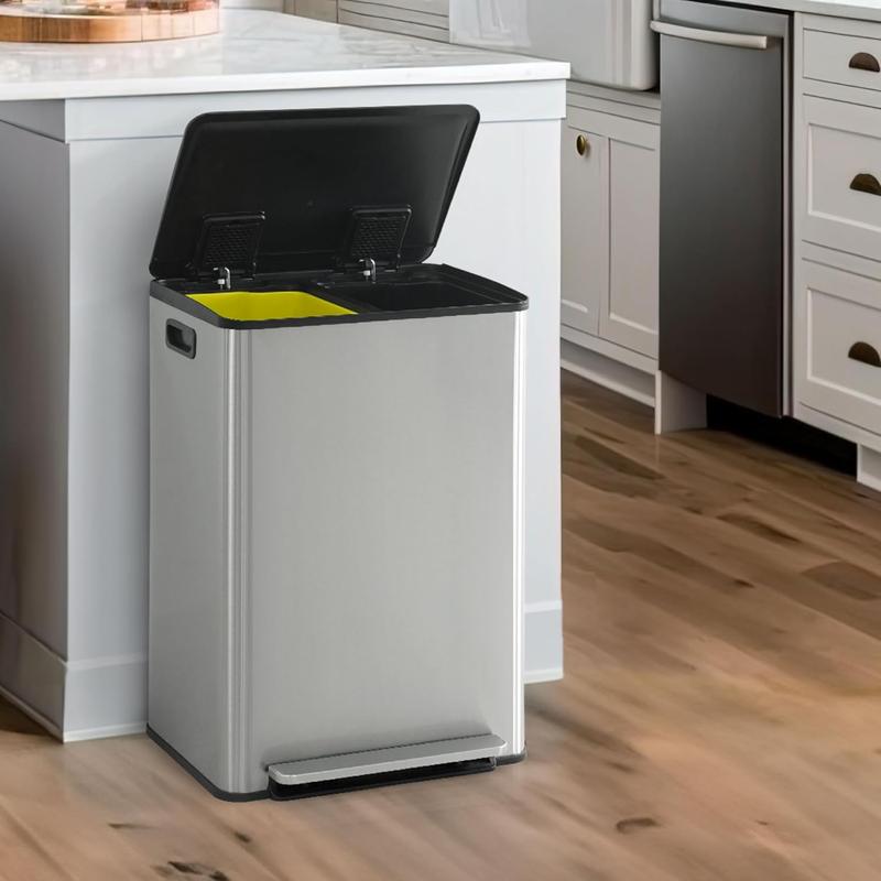 Dual Trash Can with Lid, Trash and Recycling Bins Combo for Kitchen, Hands-Free Stainless-Steel Garbage Can with 2 Compartment, Hinged Lid, Odor Filter, Handles, 30L+30L, 2 x 8 Gallon