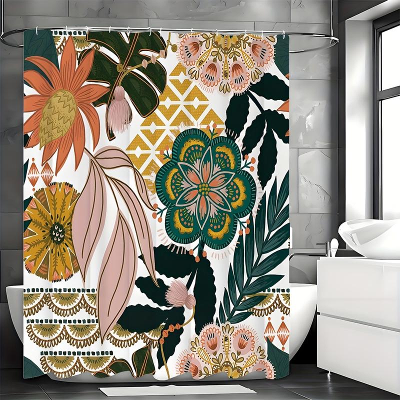 Boho Floral Shower Curtain, Tropical Leaves Fabric Cloth Shower Curtains for Chic Elegant Bathroom Decor, Modern Farmhouse Abstract Colorful Flower Shower Curtain