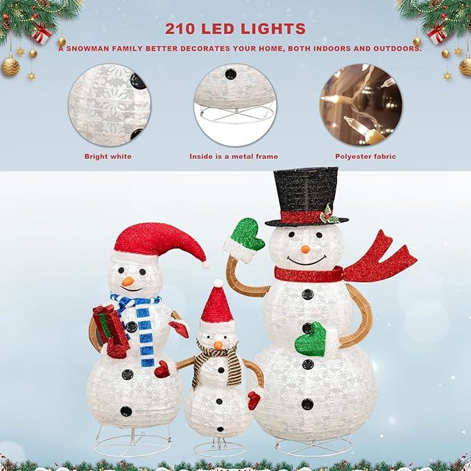 DKLGG 3 Piece Lighted Snowman Christmas Decorations, Outdoor Pop-up 2FT 3FT 4FT High Snowman w 210 Lights, Snowman Family