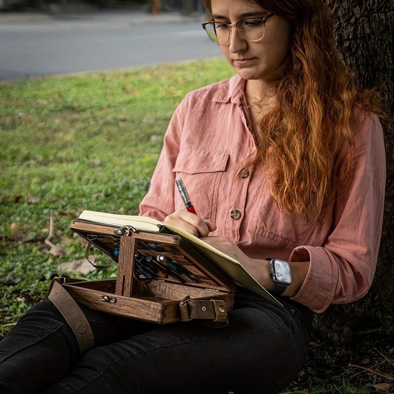 Vintage Wooden Storage Box For Writers, Outdoor Sketching, Keepsake Storage Portable Messenger Bag with Lid for Tools and Keepsakes. Organiser