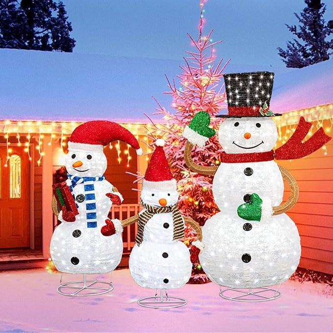 DKLGG 3 Piece Lighted Snowman Christmas Decorations, Outdoor Pop-up 2FT 3FT 4FT High Snowman w 210 Lights, Snowman Family