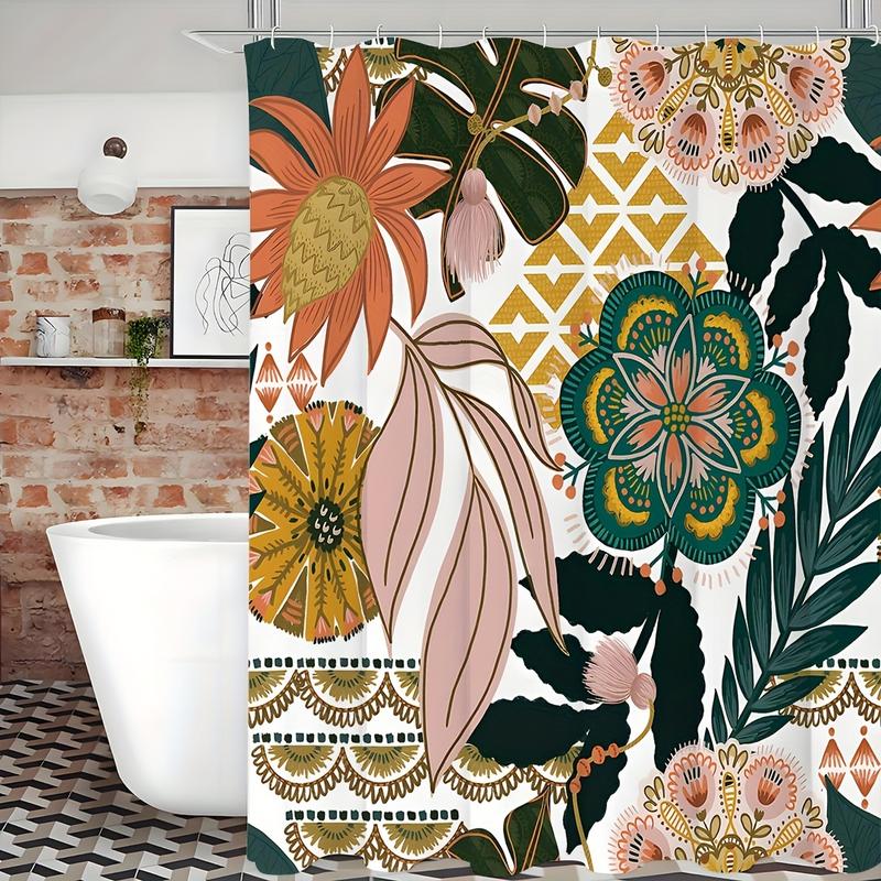 Boho Floral Shower Curtain, Tropical Leaves Fabric Cloth Shower Curtains for Chic Elegant Bathroom Decor, Modern Farmhouse Abstract Colorful Flower Shower Curtain