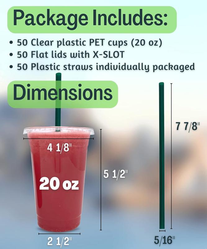 [50 SETS] 20 oz Clear Plastic Cups with Lids and STRAWS, Disposable Drinking Cups for Cold Drinks, Iced Coffee, Milkshakes, Smoothies