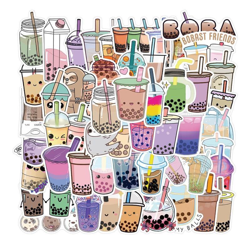 Bubble Tea Pattern Flat Sticker, 50pcs Waterproof Decorative Boba Milk Tea Design Girl's Gift Stickers For DIY Water Bottle, Laptop, Phone, Luggage, Skateboard