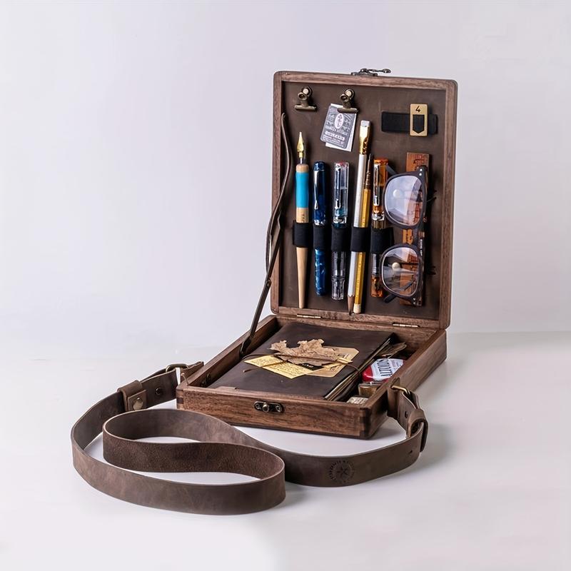 Vintage Wooden Storage Box For Writers, Outdoor Sketching, Keepsake Storage Portable Messenger Bag with Lid for Tools and Keepsakes. Organiser