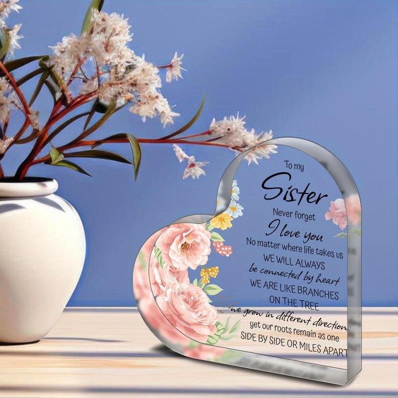 Flower & Letter Pattern Acrylic Heart Shaped Plaque, 1 Count Creative Sister Gift, Birthday Gift for Sister, Engraved Acrylic Plaque