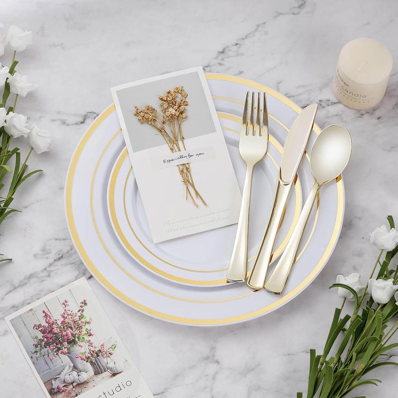 Wellife 600Pcs Guilter Dinnerware Set for 100 Guests, Plastic Plates for Christmas, Party,  100 Gold Disposable Plates, 100 Dessert Plates, 100 Cups, 100 Spoons, 100 Forks and 100 Knives