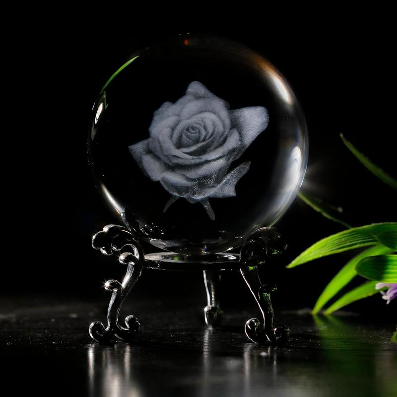 3D Laser Rose Crystal Paperweight Ball Sphere with Silver Stand - Blooming Rose Flower Figurine Sculpture - Home Decor - Decorative Gift for Valentine's - 60mm Glass Ball - for Boys, Girls, and Women