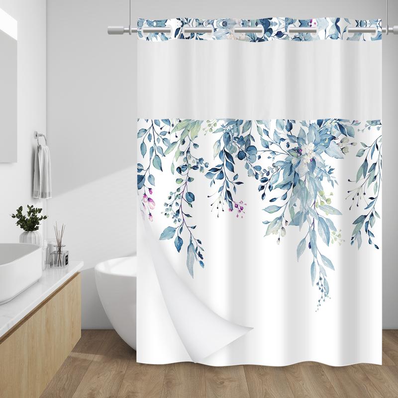 WITHLOC No Hook Shower Curtain with Snap in Liner - Eucalyptus Shower Curtain - Fabric Waterproof Inner Liner, Plants Leaves Modern Shower Curtains - Machine Washable, 71''x 74'',71''x 77'',71''x80'',71''x 86''