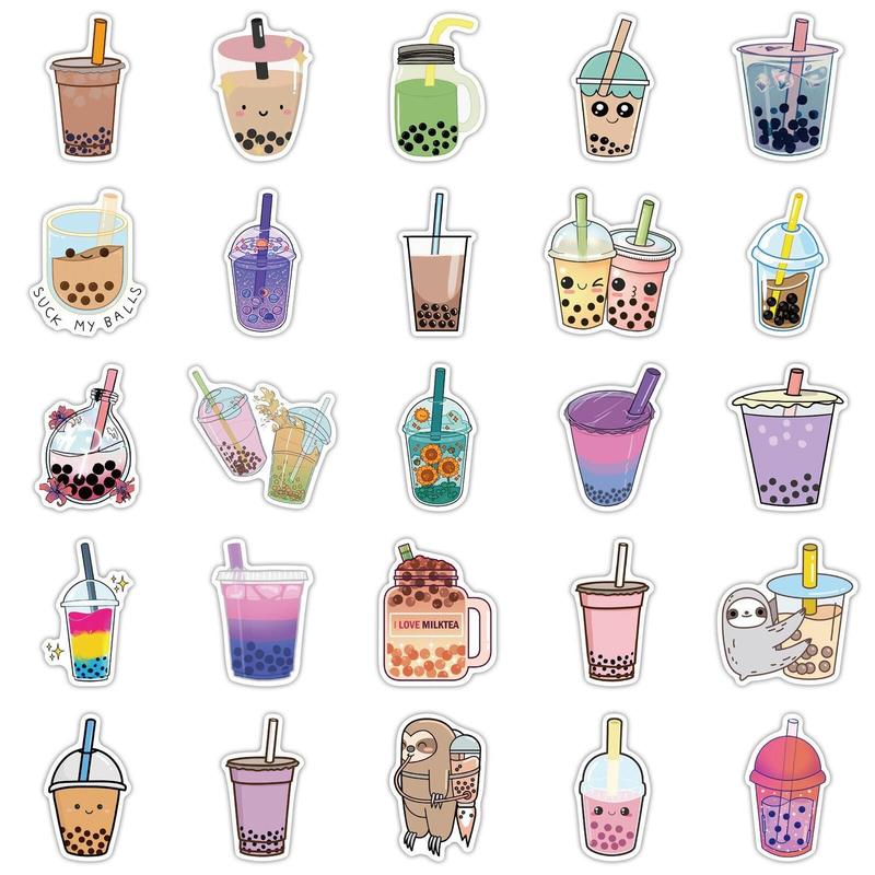 Bubble Tea Pattern Flat Sticker, 50pcs Waterproof Decorative Boba Milk Tea Design Girl's Gift Stickers For DIY Water Bottle, Laptop, Phone, Luggage, Skateboard