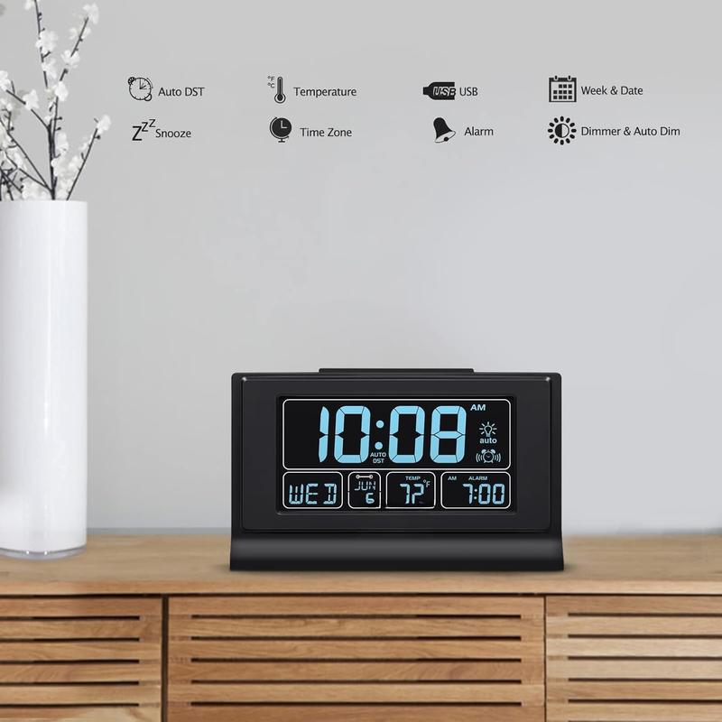 Alarm Clocks for Bedrooms with  Backup, Auto Set Digital Clock with Date and Day of Week, Temperature, USB Port, Auto DST, Dimmer, 12 24H