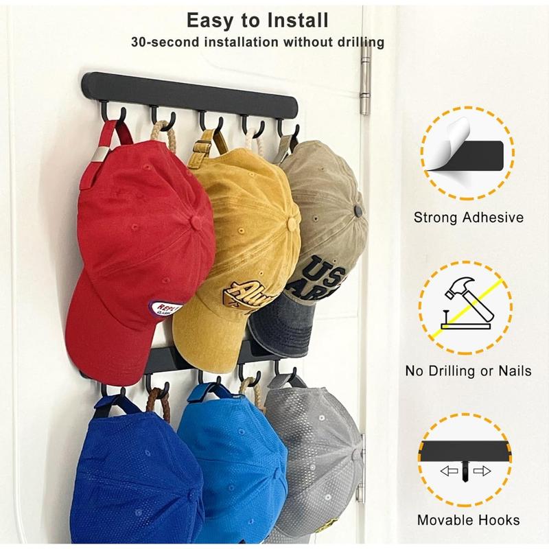 Adhesive Hat Organizer Rack for Baseball Caps [Up to 18 Caps] Hat Hanger Display for Wall Closet Over The Door, Room College Dorm Storage Holder - 2 Adhesive Straps and 10 Removable Hooks