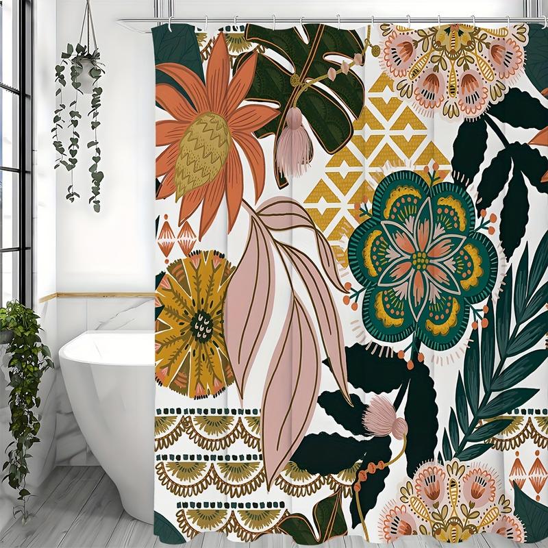 Boho Floral Shower Curtain, Tropical Leaves Fabric Cloth Shower Curtains for Chic Elegant Bathroom Decor, Modern Farmhouse Abstract Colorful Flower Shower Curtain