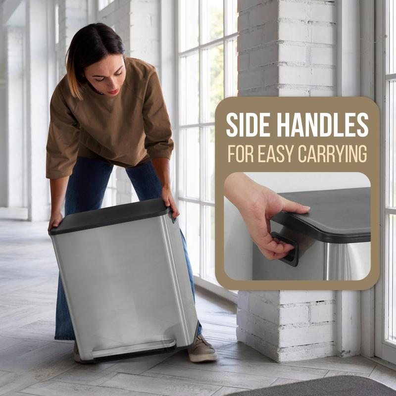 Dual Trash Can with Lid, Trash and Recycling Bins Combo for Kitchen, Hands-Free Stainless-Steel Garbage Can with 2 Compartment, Hinged Lid, Odor Filter, Handles, 30L+30L, 2 x 8 Gallon