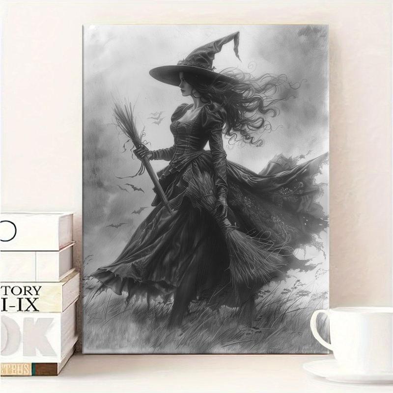 Witch Pattern Framed Painting, 1 Count Creative Canvas Wall Art, Halloween Modern Wall Decor for Home Living Room Bedroom Study Room