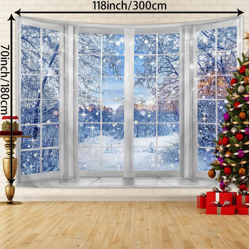 Christmas Themed Tapestry, 1 Count 3D Effect Window Background Tapestry, Festive Decoration Tapestry for Home Living Room Bedroom