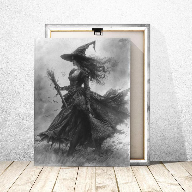 Witch Pattern Framed Painting, 1 Count Creative Canvas Wall Art, Halloween Modern Wall Decor for Home Living Room Bedroom Study Room