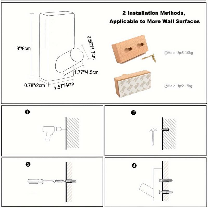 Wooden Wall Mounted Hook, 4 Counts Simple Decorative Wall Hook, Multi-purpose Storage Hook for Bath Towel, Coat and More, Home Organizer