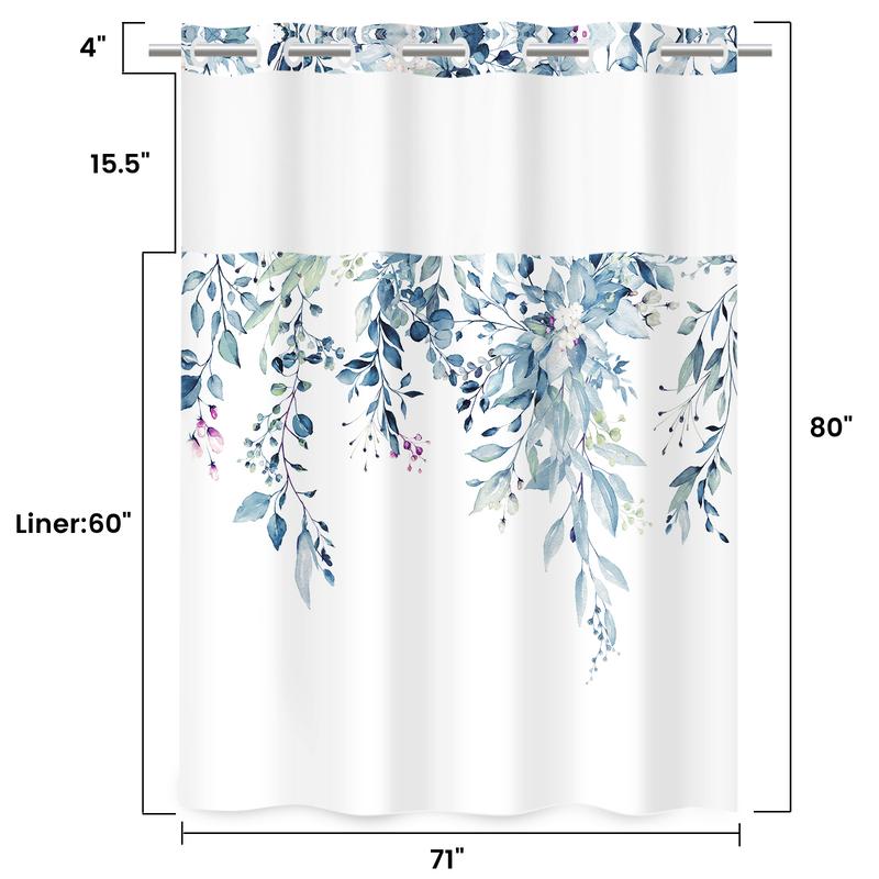 WITHLOC No Hook Shower Curtain with Snap in Liner - Eucalyptus Shower Curtain - Fabric Waterproof Inner Liner, Plants Leaves Modern Shower Curtains - Machine Washable, 71''x 74'',71''x 77'',71''x80'',71''x 86''