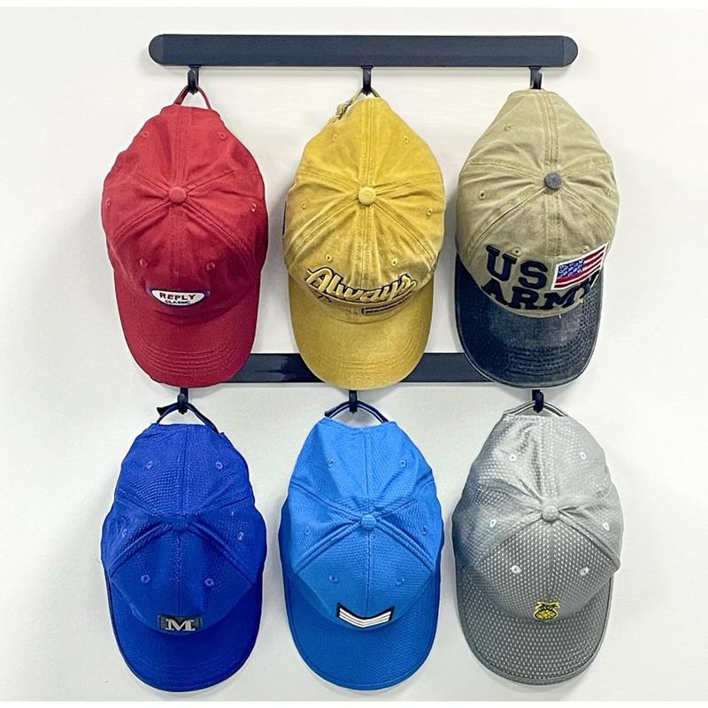 Adhesive Hat Organizer Rack for Baseball Caps [Up to 18 Caps] Hat Hanger Display for Wall Closet Over The Door, Room College Dorm Storage Holder - 2 Adhesive Straps and 10 Removable Hooks