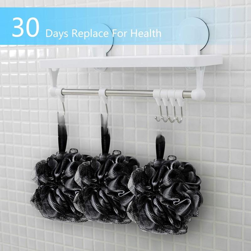 Bath Loofah Sponge, 4 Pack Black 60G Shower Mesh Ball Soft Pouf Body Scrubber, Exfoliate, Cleanse,  Skin, Black Loofah with White Trim