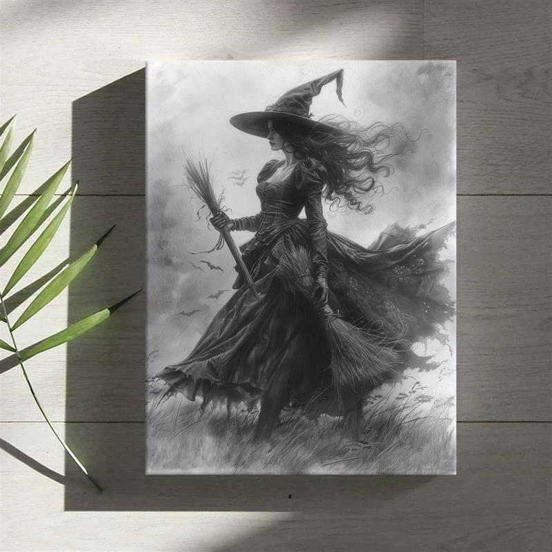 Witch Pattern Framed Painting, 1 Count Creative Canvas Wall Art, Halloween Modern Wall Decor for Home Living Room Bedroom Study Room