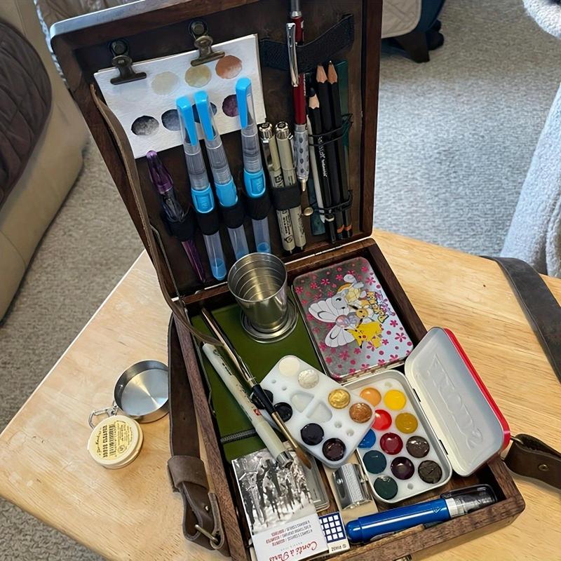 Vintage Wooden Storage Box For Writers, Outdoor Sketching, Keepsake Storage Portable Messenger Bag with Lid for Tools and Keepsakes. Organiser