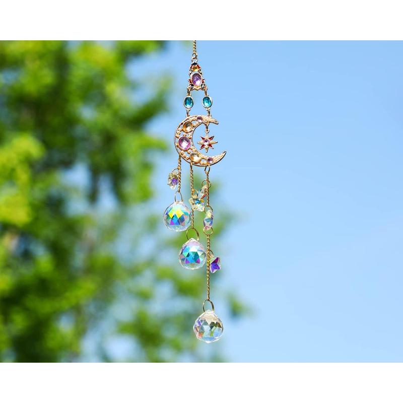 Handmade Crystal Moon&Star Prisms Suncatchers, Glass Window Hanging Ornament, Rainbow Rhinestones Decor for Home Garden