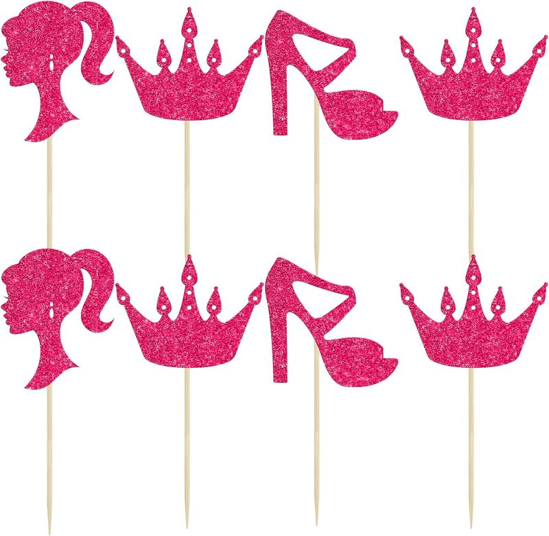 24count Hot Pink Glitter Princess Cupcake Toppers Doll Head High Heel Cupcake Topper Girl Birthday Theme Cupcake Picks for  Shower Girls Birthday Party Supplies Rose Red