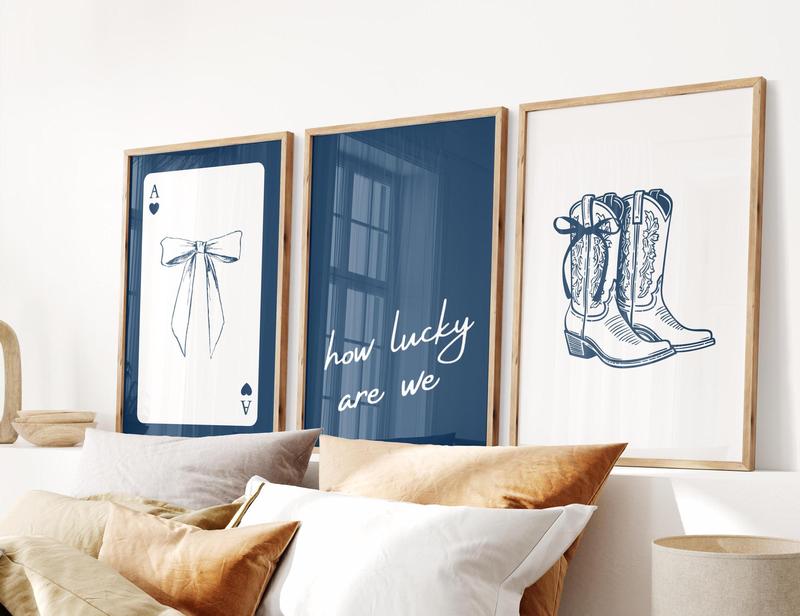 Navy How Lucky Are We, Coastal Cowgirl Print, Girly Western Wall Art, Coquette Decor, Cute Apartment Aesthetic, Trendy Wall Art, Wall Art Picture Painting Modern Home Living Room Decoration Without Frame