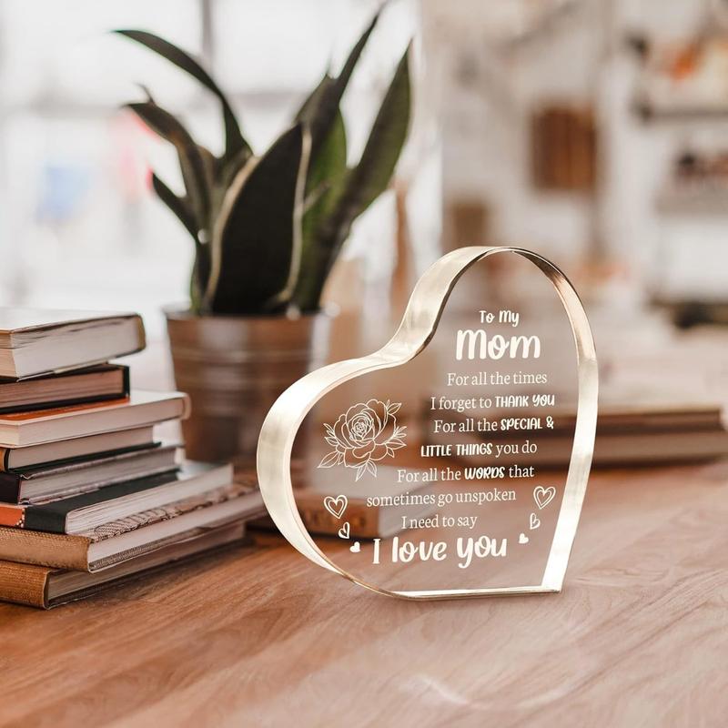 Heart Shaped Acrylic Block, Flower & Letter Pattern Decorative Ornament, Room Decor Inspirational Creative Gift for Mom