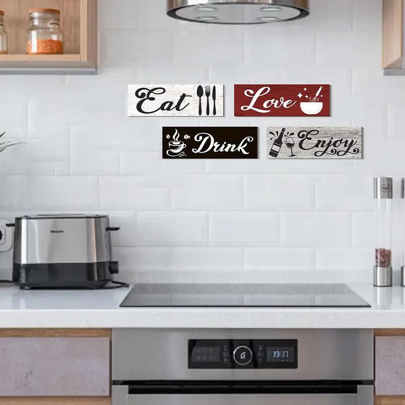 Wooden Letter Pattern Hanging Sign, 4pcs set Eat Drink Love Enjoy Wood Sign Plaque, Farmhouse Wall Decor for Kitchen Dining Room Bar Cafe