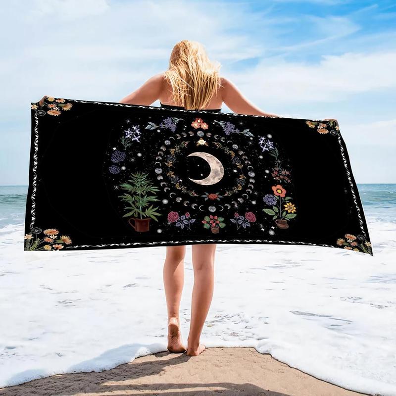 Moon & Flower Print Beach Towel, Beach Blanket, Mat, Bohemian Style Pool Towel, Lightweight Absorption Towel for Beach Vacation Camping, Beach Trip, Travel Essentials, Vacation Sets, Gifts