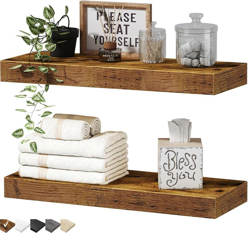 Set of 2 Wall-Mounted Floating Shelves for Bathroom - 16-inch Rustic Brown Shelves Over Toilet, Perfect for Farmhouse Decor