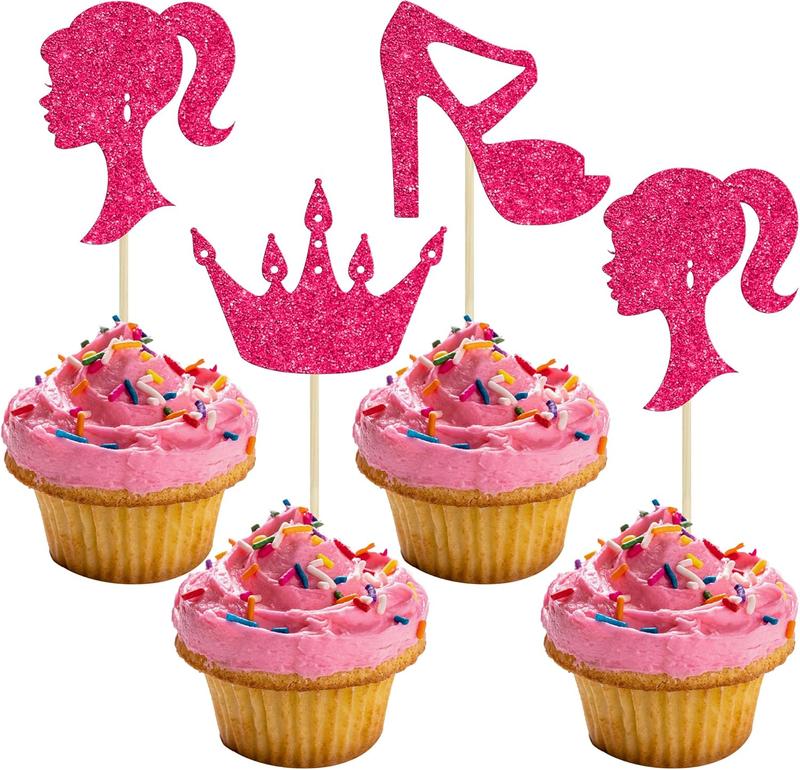 24count Hot Pink Glitter Princess Cupcake Toppers Doll Head High Heel Cupcake Topper Girl Birthday Theme Cupcake Picks for  Shower Girls Birthday Party Supplies Rose Red